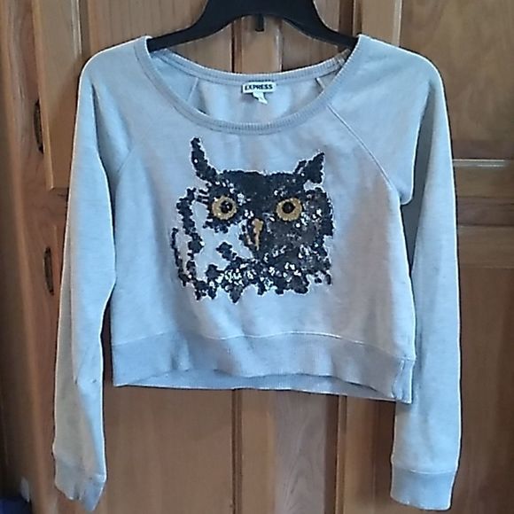 Express Sz S Sequin+Lace Cropped Owl Sweater - Picture 1 of 4